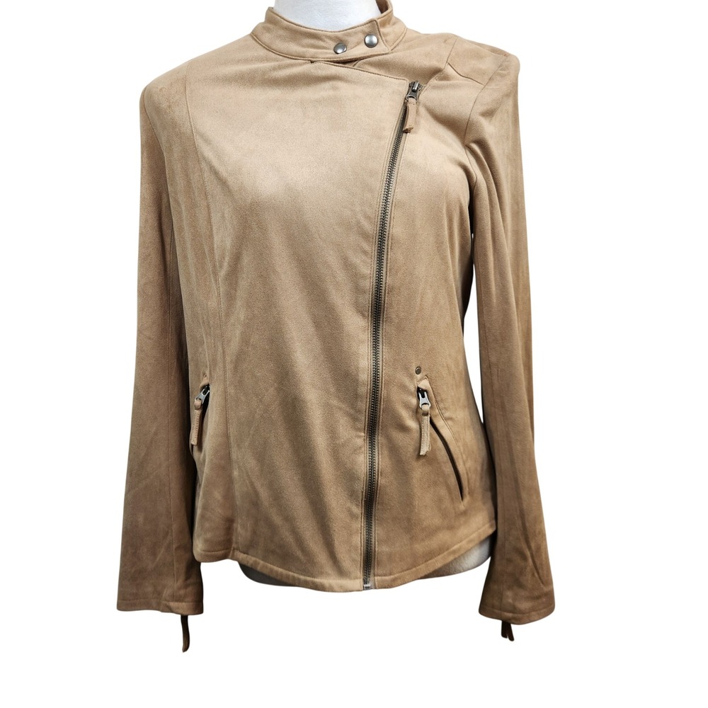 Adrienne Vittadini Women Tan Faux Suede Moto Jacket Blazer Style Size Small Coat